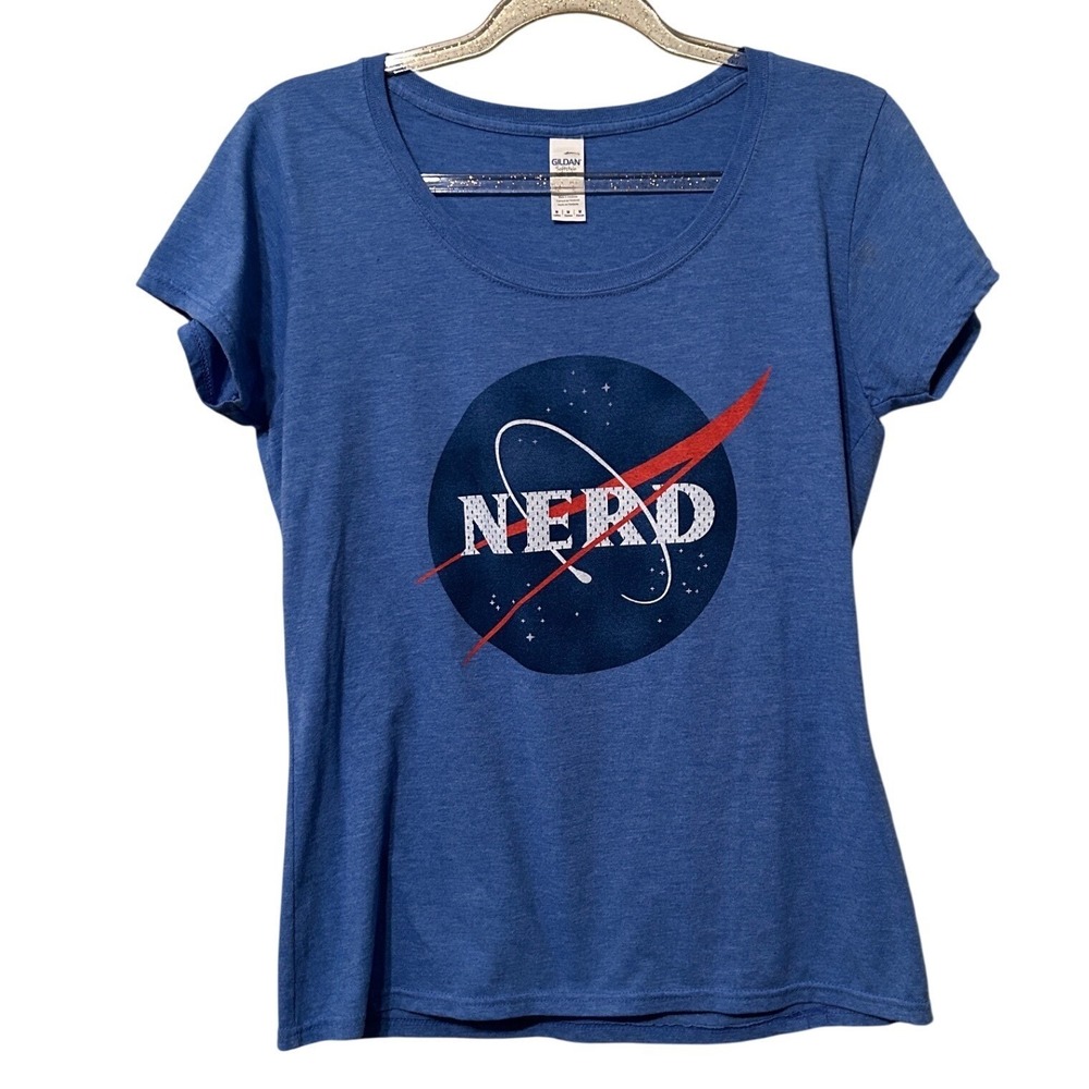 Gildan NASA Nerd Parody‎ T-Shirt Womens Medium Blue AMNH Museum Graphic Tee